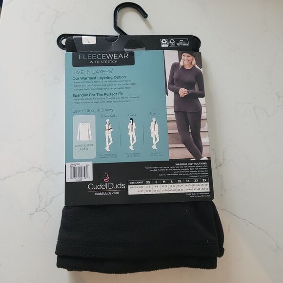 Cuddl Duds Large Black Long Sleeve Crew Shirt FLEECEWEAR Stretch Warm Top NEW - Picture 2 of 9